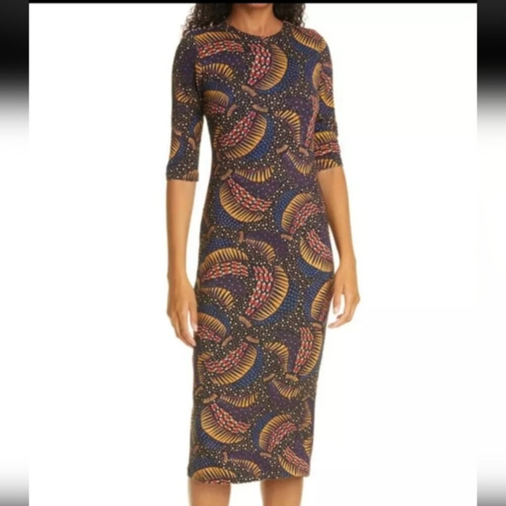 Farm Rio Jersey 3/4 Sleeve Wild Bananas Midi Tropical Print Dress - S/M